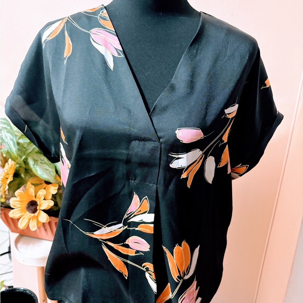 Forever 21 Black V-Neck Blouse with Pink & Orange Floral Print